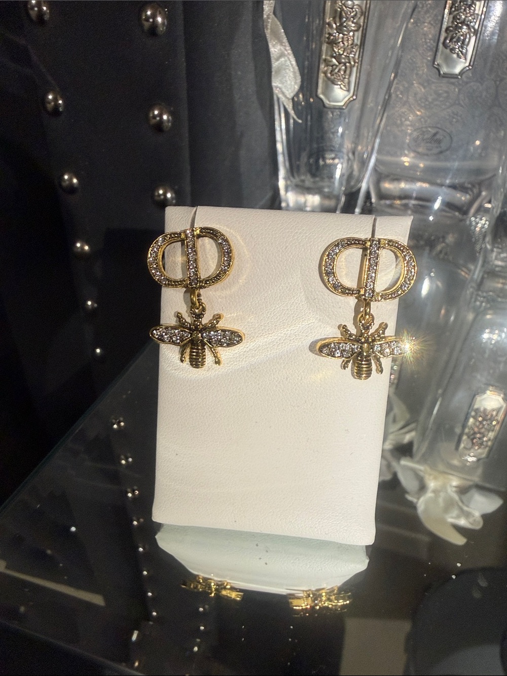 Dior Gold Bee Drop Earrings with Crystal-Studded Logo